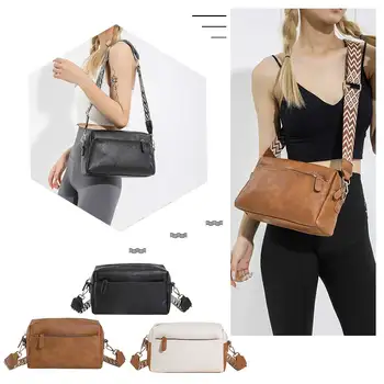 Женская модная сумка для фотоаппарата, повседневная сумка через плечо в стиле ретро, кожаная сумка через плечо с широким ремнем, квадратная сумка для поездок на работу