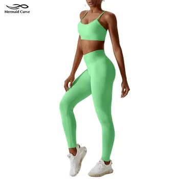 Комплект для йоги Mermaid Curve, обтягивающие леггинсы + Спортивный бюстгальтер, легкая поддержка, костюм для бега и фитнеса, Трикотажная Бесшовная одежда для спортзала