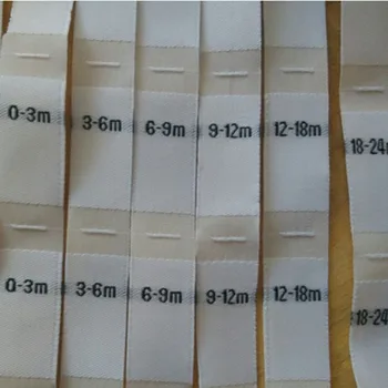 Этикетка размера белой дамасской полиэфирной ткани для детской одежды тканые бирки 0-3 м, 3-6 м, 6-9 м, 9-12 м, 12-18 м, 18-24 м